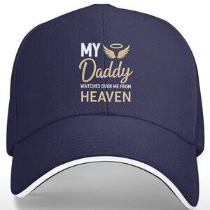 Navy unisex cap with text on front with white underbrim.